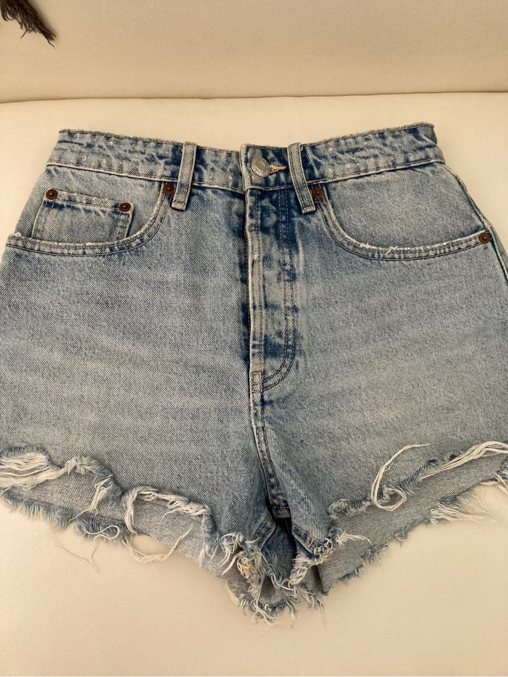Zara High-Waist Light Denim Frayed Hem Shorts
